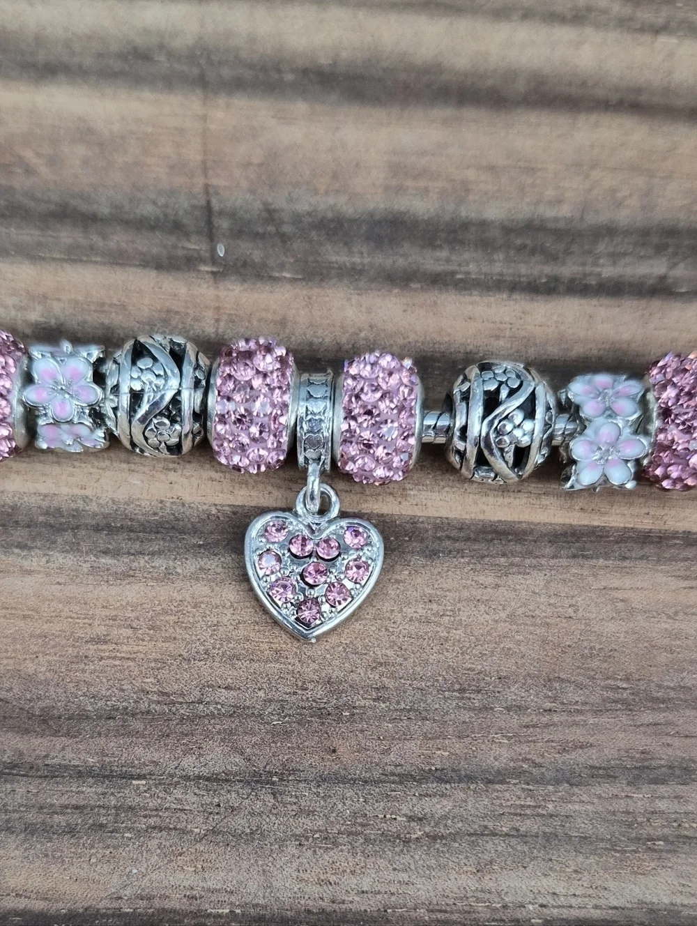 Stunning! Pink & Silver Crystal Charm Bracelet, Approx 7